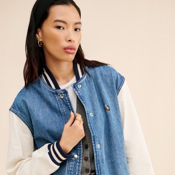 NWT Polo Ralph Lauren Women's DENIM Varsity BOMBER Jacket Blue medium - Picture 6 of 7